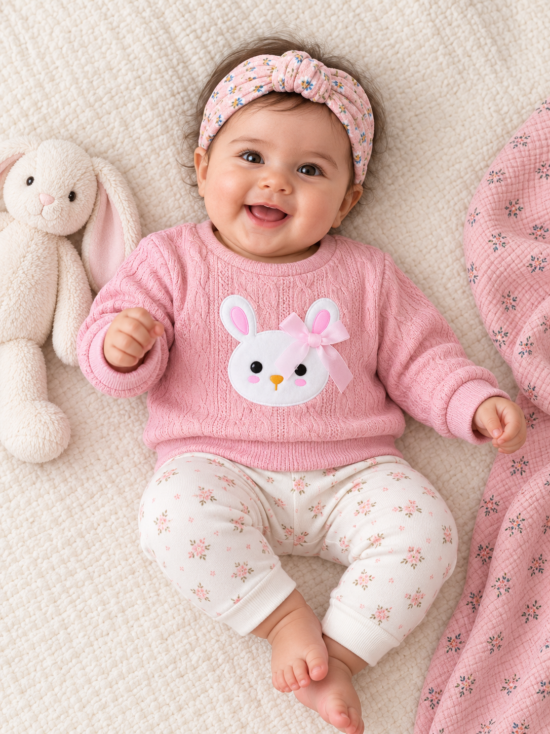 A baby lying on a textured cream blanket, wearing a pink long-sleeve sweater with a white bunny face applique, matching pink and white floral pants, and a pink floral headband. A plush white bunny toy is sitting to the left.