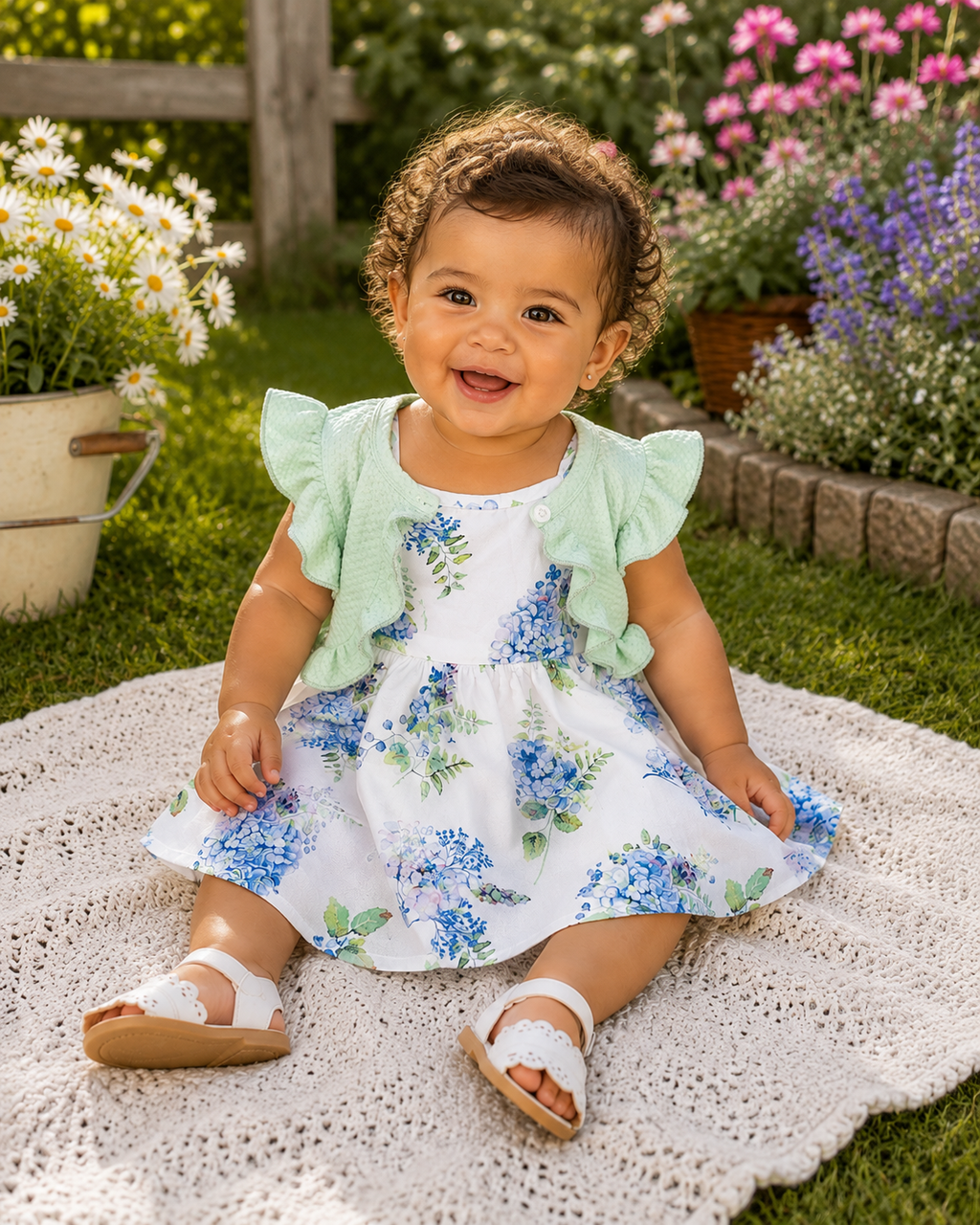 Girls Hydrangea Floral Dress with Mint Ruffle Shrug Set