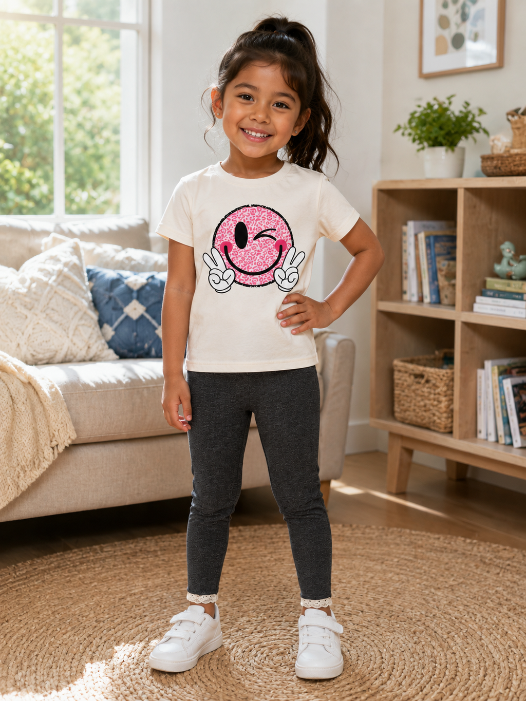 A young girl stands in a bright living room wearing a cream graphic t-shirt with a pink winking donut design, dark gray leggings, and white sneakers.
