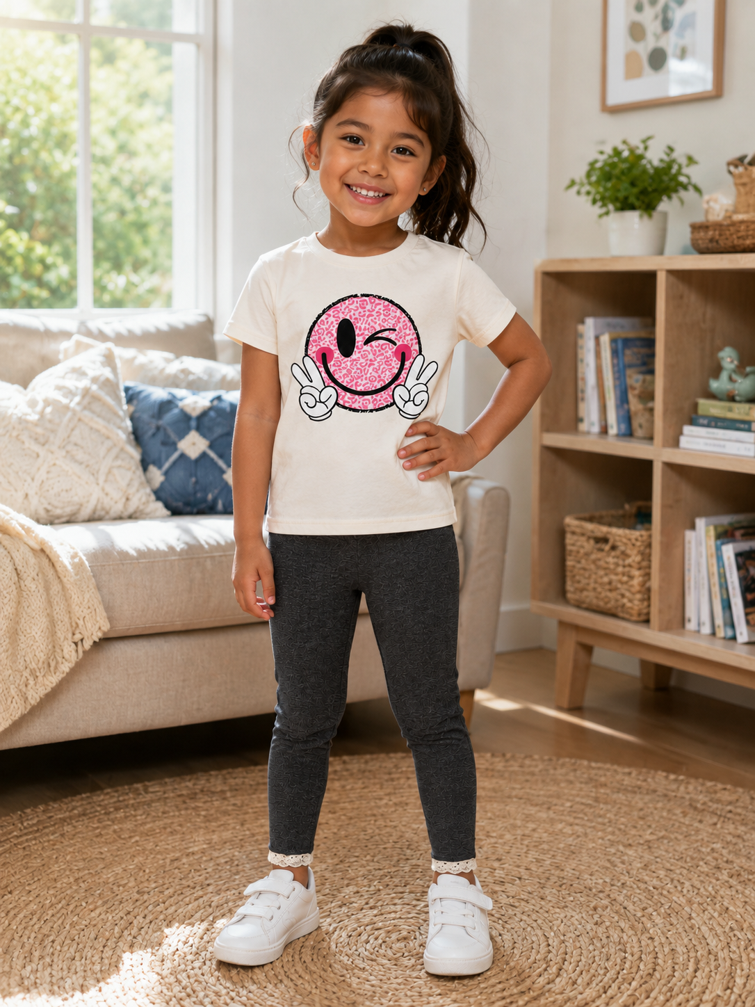 A young girl stands in a bright living room wearing a cream graphic t-shirt with a pink winking donut design, dark gray leggings, and white sneakers.