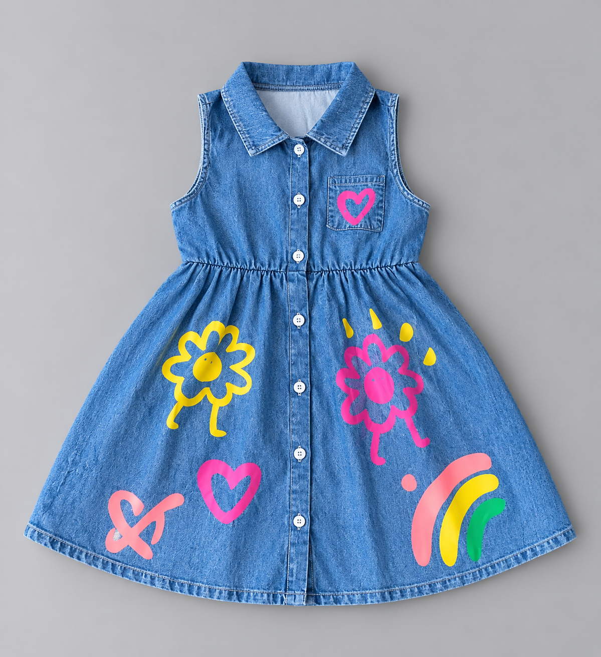 Girls blue denim-style sleeveless button-front dress with colorful flower, heart, rainbow, and doodle graphics