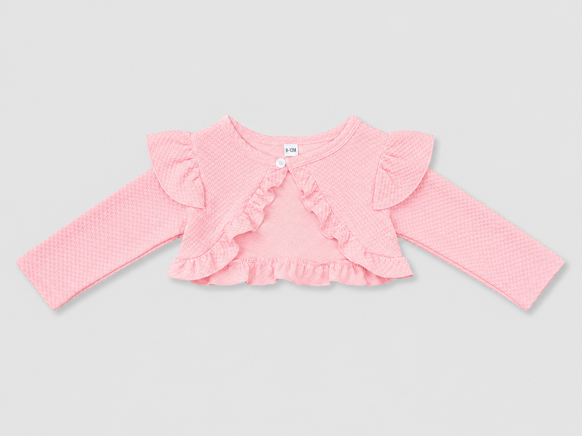 Shop the adorable Pink Ruffle-Trim Long Sleeve Cardigan Top for baby girls. Featuring textured fabric, feminine ruffle details, long sleeves, and a sweet layered design.