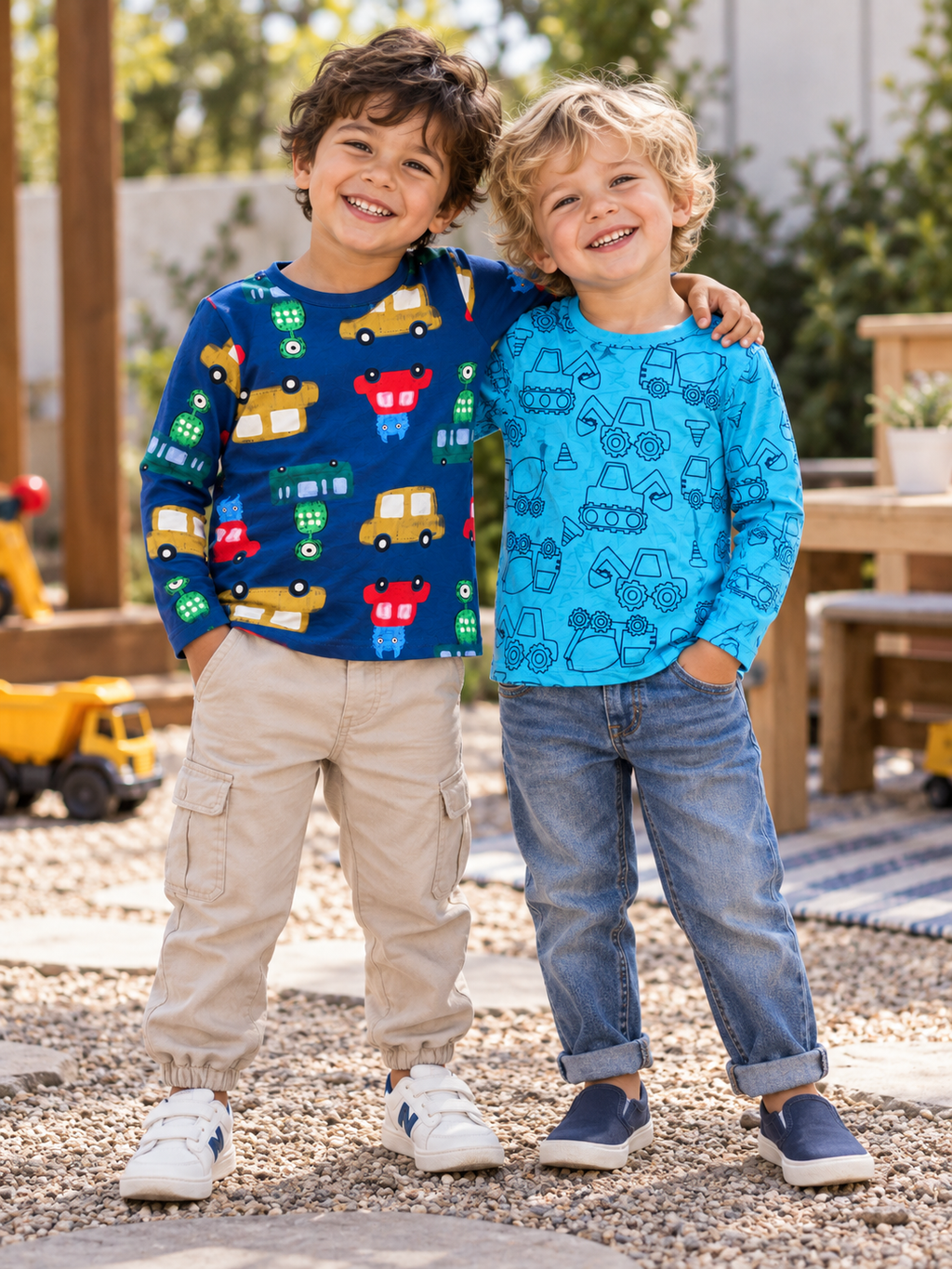 Two young boys standing outdoors in a play area, wearing long-sleeve children's shirts with colorful construction and vehicle prints. The boy on the left wears a navy shirt with yellow, red, and green vehicles and khaki pants.