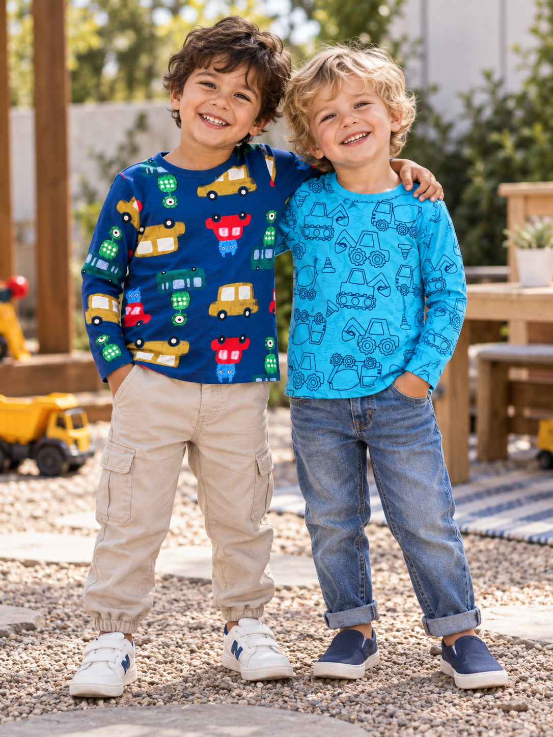 Two young boys standing outdoors in a play area, wearing long-sleeve children's shirts with colorful construction and vehicle prints. The boy on the left wears a navy shirt with yellow, red, and green vehicles and khaki pants.