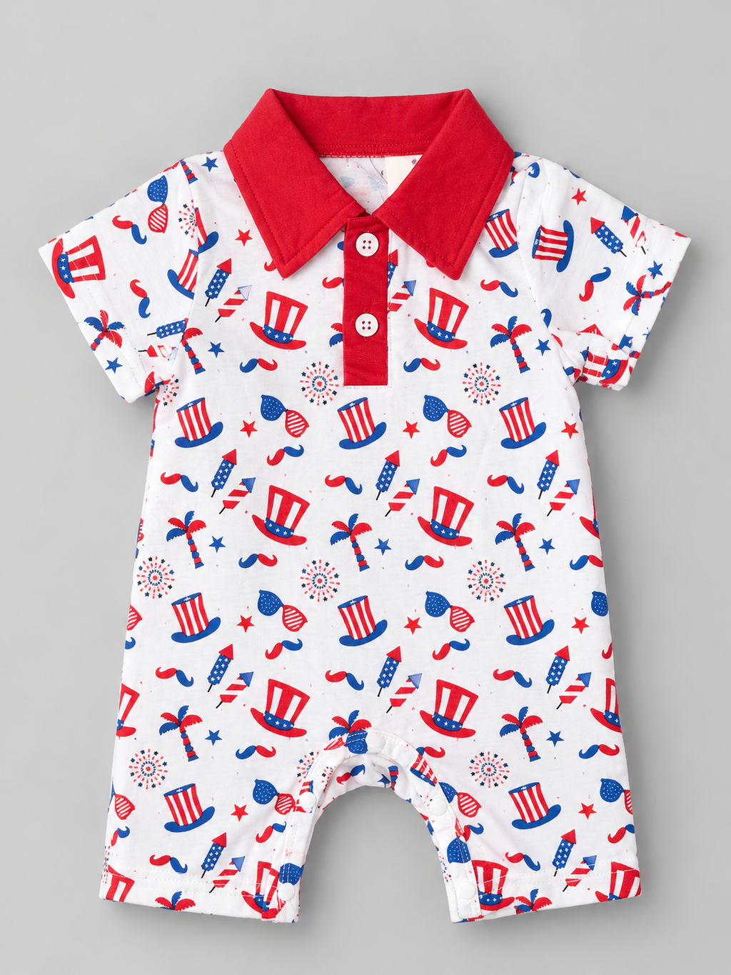 Baby boys red white and blue patriotic print polo romper with red collar and snap inseam