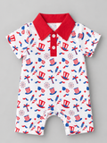 Baby boys red white and blue patriotic print polo romper with red collar and snap inseam