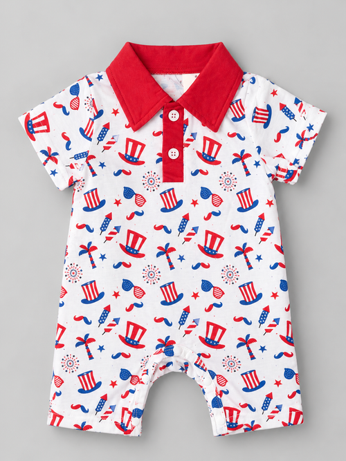 Baby boys red white and blue patriotic print polo romper with red collar and snap inseam