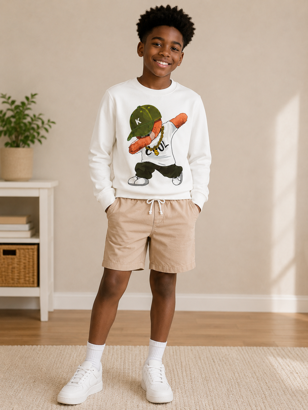 Boys’ Hip-Hop Dancer Sweatshirt & Tan Drawstring Shorts Two-Piece Set