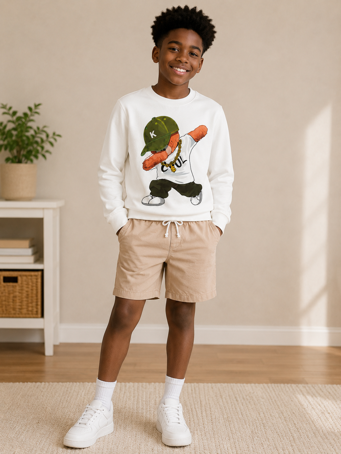Boys’ Hip-Hop Dancer Sweatshirt & Tan Drawstring Shorts Two-Piece Set