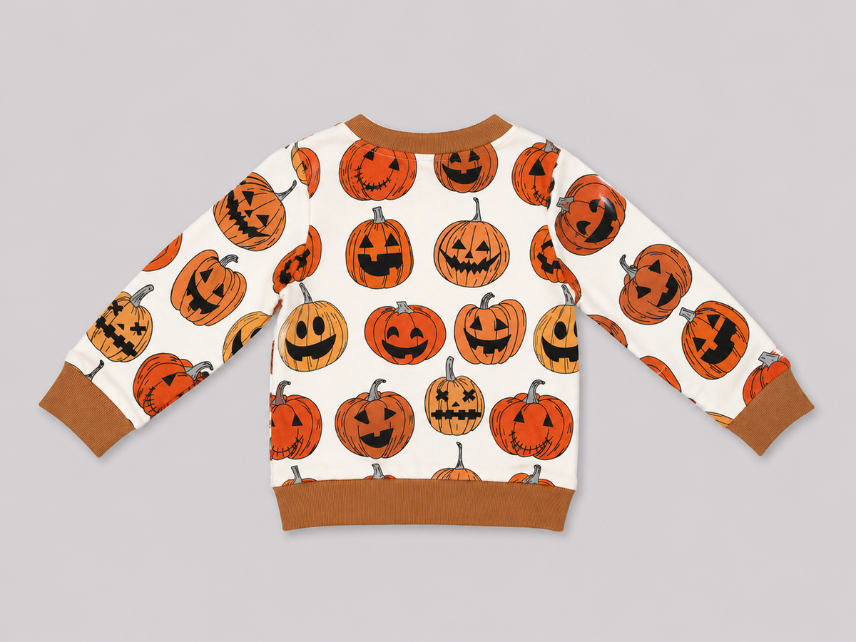 Shop the adorable Pumpkin Patch Kids Ribbed Sweatshirt featuring playful jack-o’-lanterns, cozy long sleeves, and rust-brown ribbed trim. Perfect for fall, Halloween, and pumpkin patch adventures.
