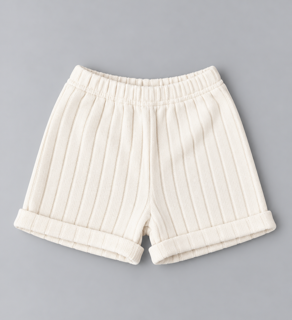Kids cream ribbed knit pull-on shorts with elastic waistband and rolled cuffs