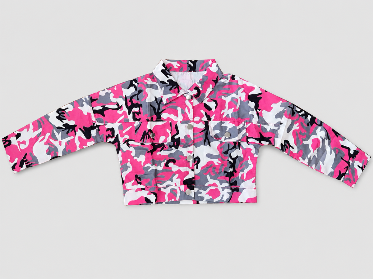 Shop this stylish pink camouflage kids jacket featuring a lightweight design, classic collar, button-front closure, long sleeves, and flap chest pockets. Available in sizes 8–10, 11–12, and 13–14 Years.