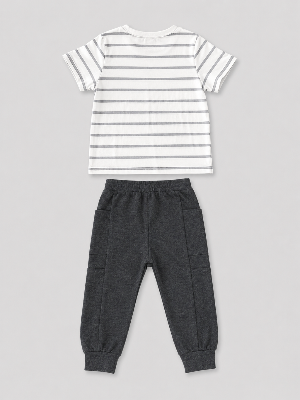Baby boys white and gray striped T-shirt with charcoal jogger pants two-piece outfit, back view, size 12–18M.