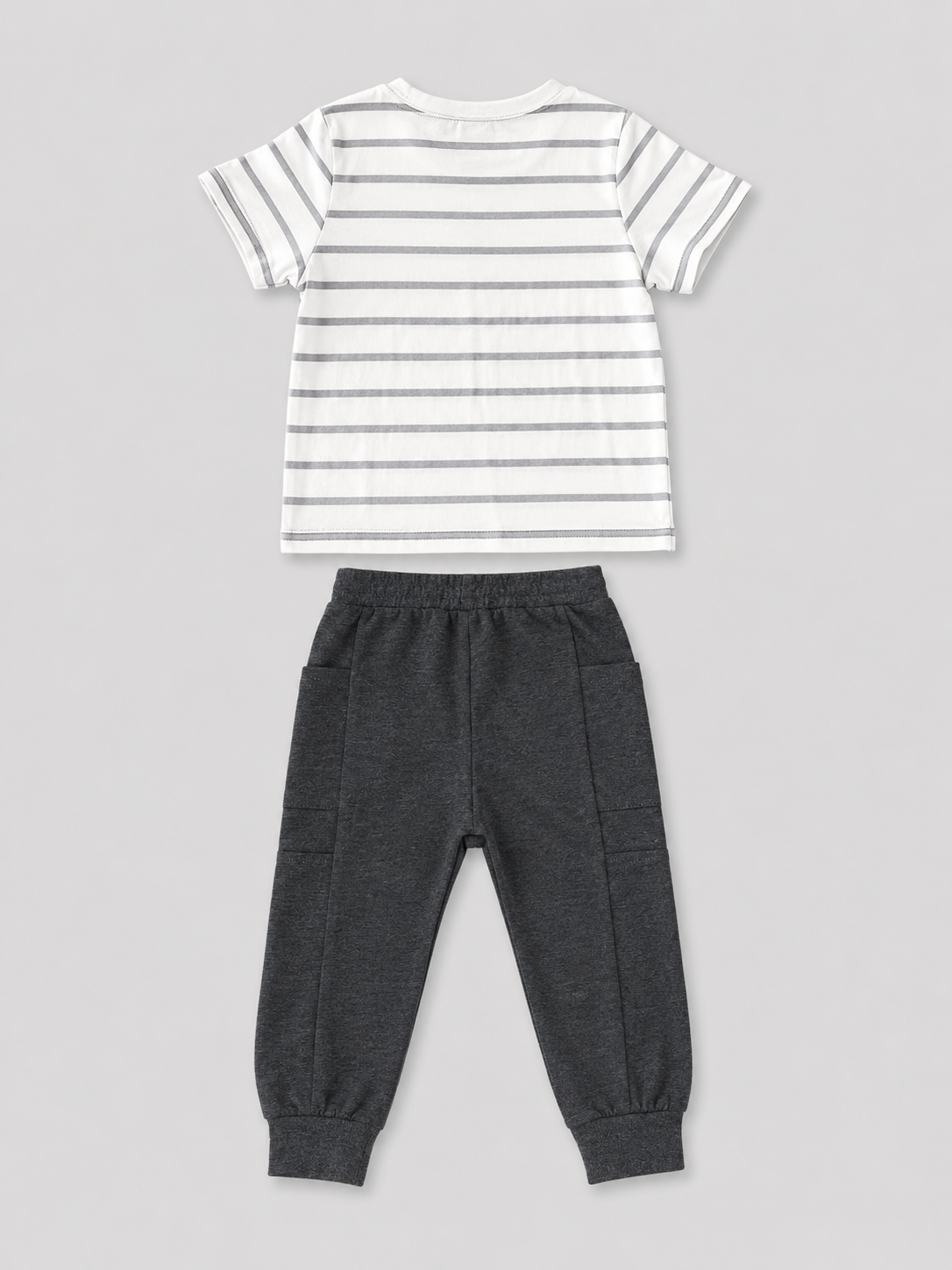 Baby boys white and gray striped T-shirt with charcoal jogger pants two-piece outfit, back view, size 12–18M.