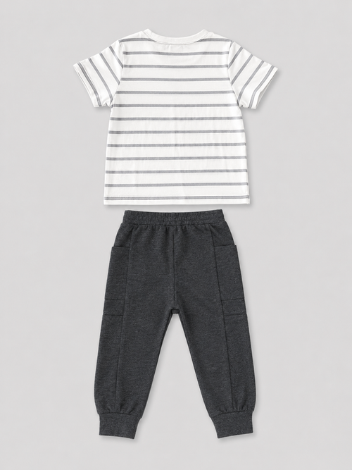 Baby boys white and gray striped T-shirt with charcoal jogger pants two-piece outfit, back view, size 12–18M.