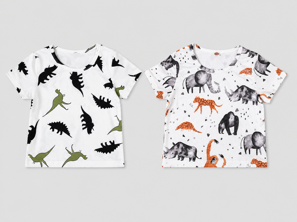 Shop this fun boys 2-piece dinosaur T-shirt set featuring two unique prehistoric and wild animal prints. Perfect for everyday wear, playtime, school, and casual outings.