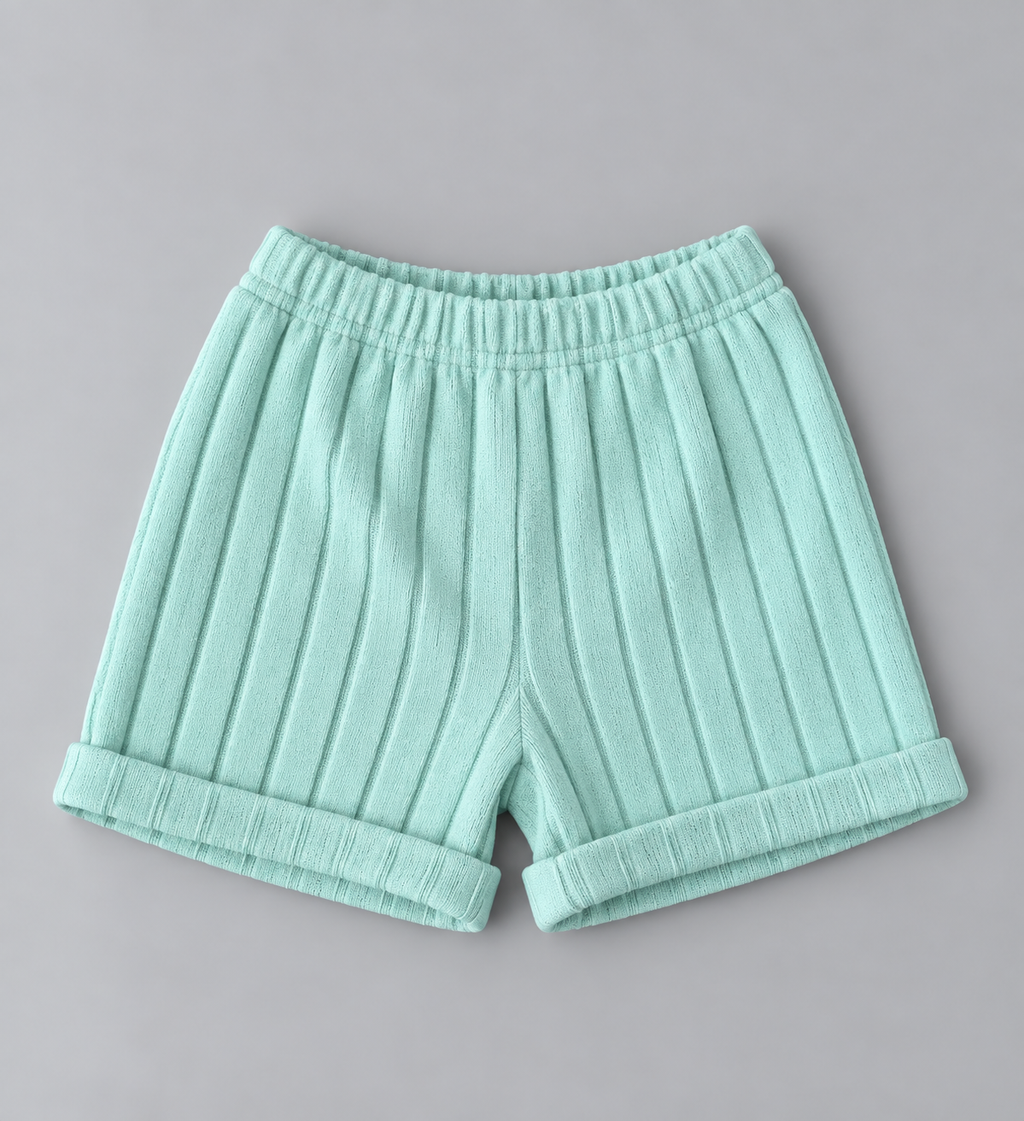 Kids mint green ribbed knit pull-on shorts with elastic waistband and rolled cuffs