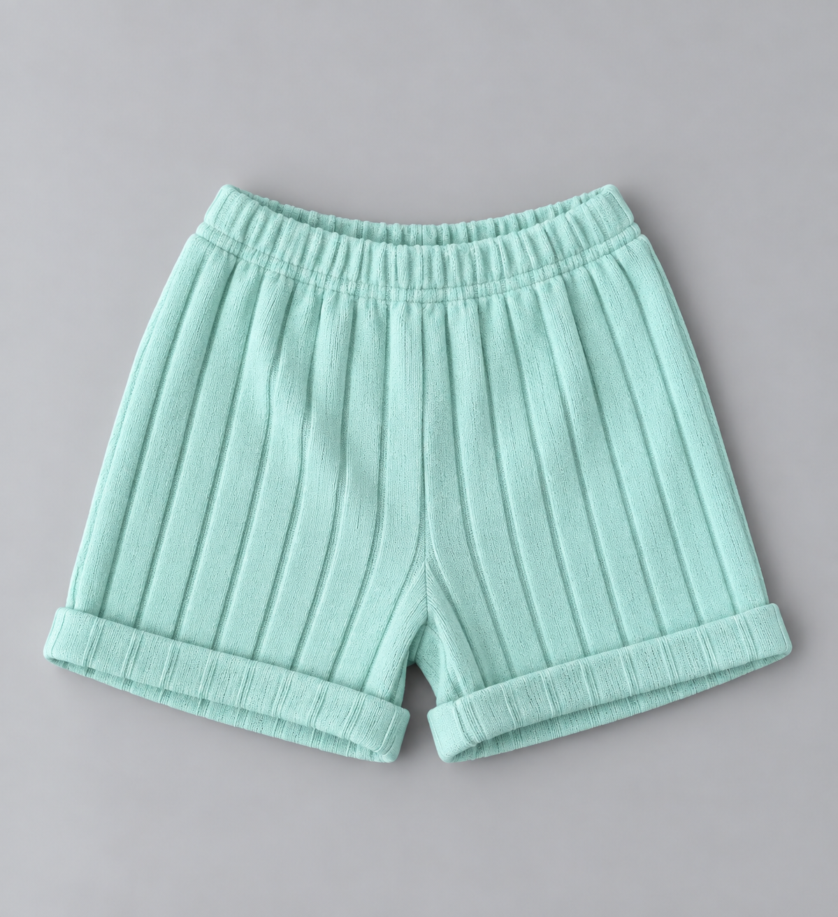 Kids mint green ribbed knit pull-on shorts with elastic waistband and rolled cuffs