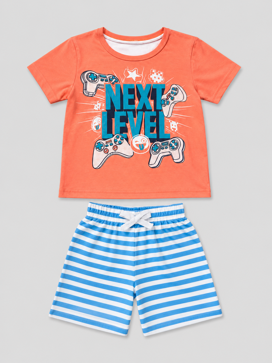 Shop this fun boys’ 2-piece gaming outfit featuring a coral-orange “Next Level” graphic T-shirt and coordinating blue-and-white striped shorts. Perfect for playtime and everyday wear.
