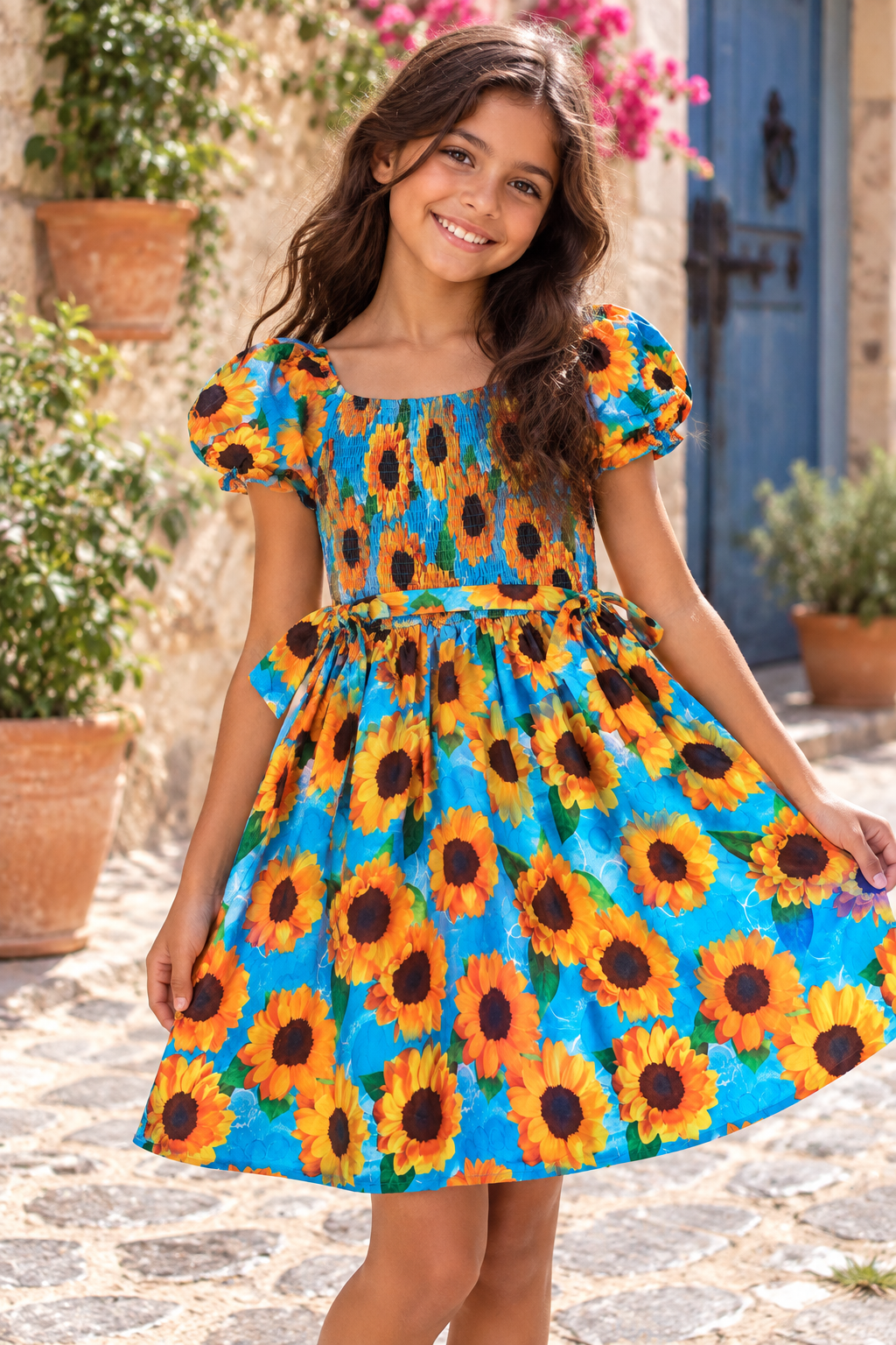 Turquoise Sunflower Smocked Dress with Tie Waist