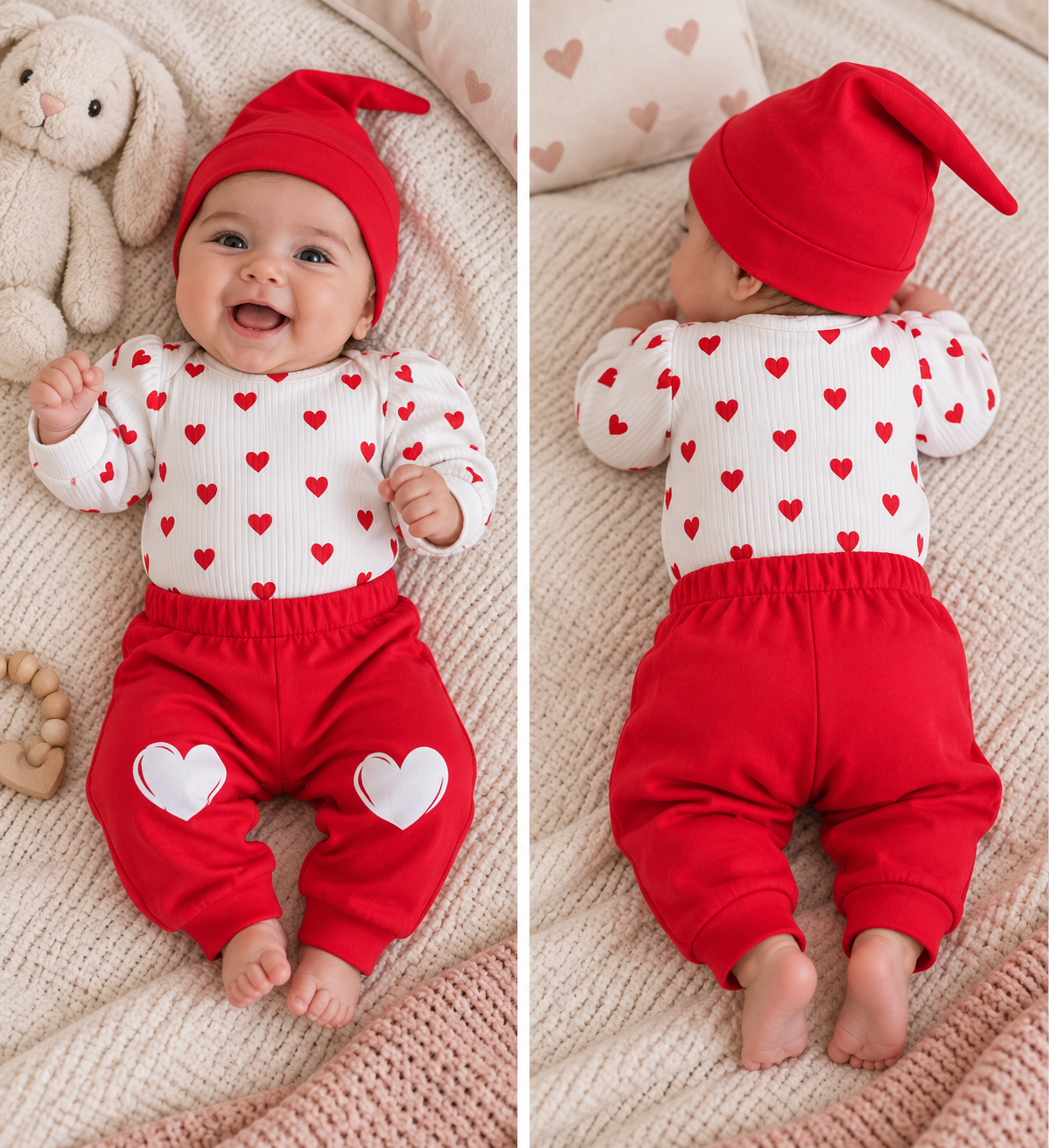 Baby Heart Print Romper, Jogger Pants & Hat Set