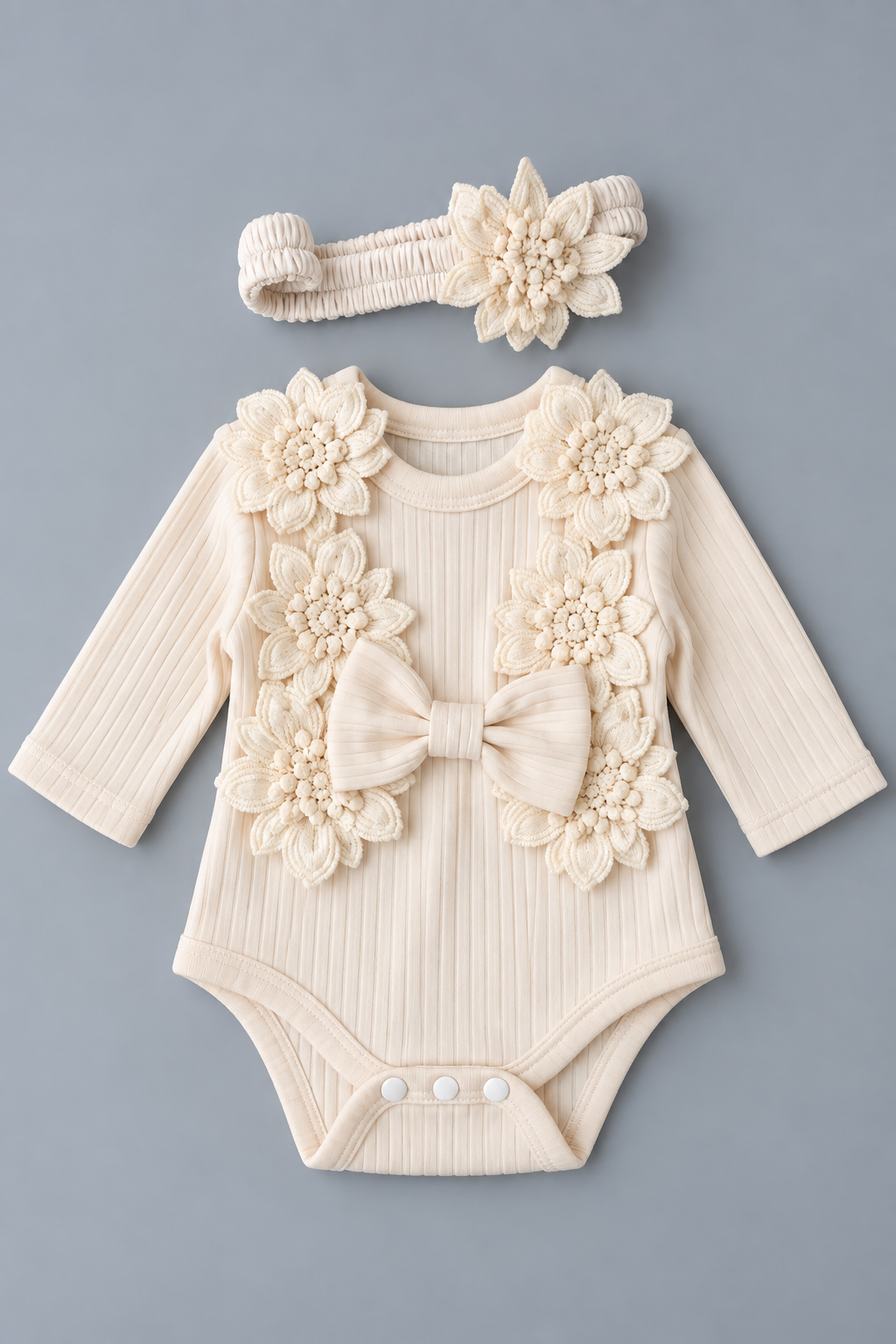 Baby girl ivory ribbed long sleeve romper with floral appliqués bow and matching flower headband
