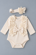 Baby girl ivory ribbed long sleeve romper with floral appliqués bow and matching flower headband