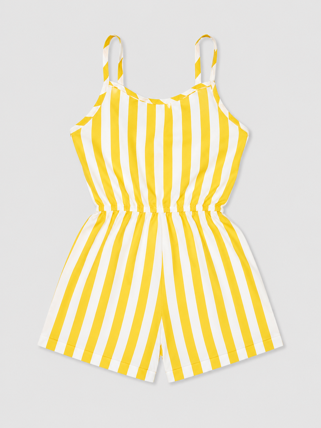 A yellow and white vertically striped sleeveless romper with thin shoulder straps.