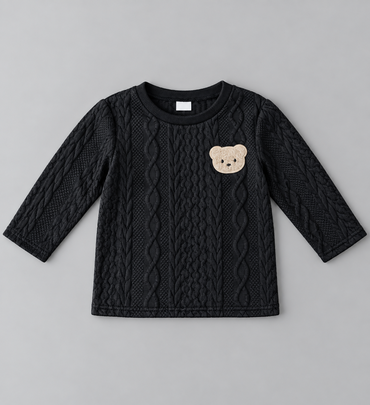 Black kids long-sleeve cable-knit textured top with embroidered teddy bear appliqué and crew neckline