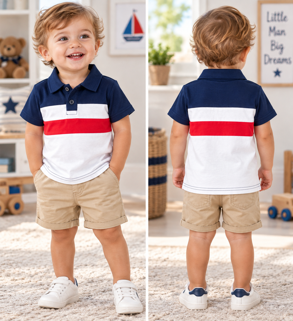 Boys Navy, White & Red Colorblock Polo Shirt
