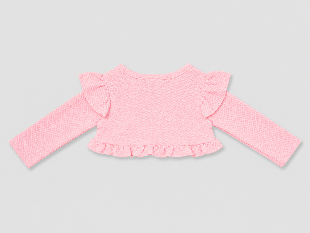 Shop the adorable Pink Ruffle-Trim Long Sleeve Cardigan Top for baby girls. Featuring textured fabric, feminine ruffle details, long sleeves, and a sweet layered design.