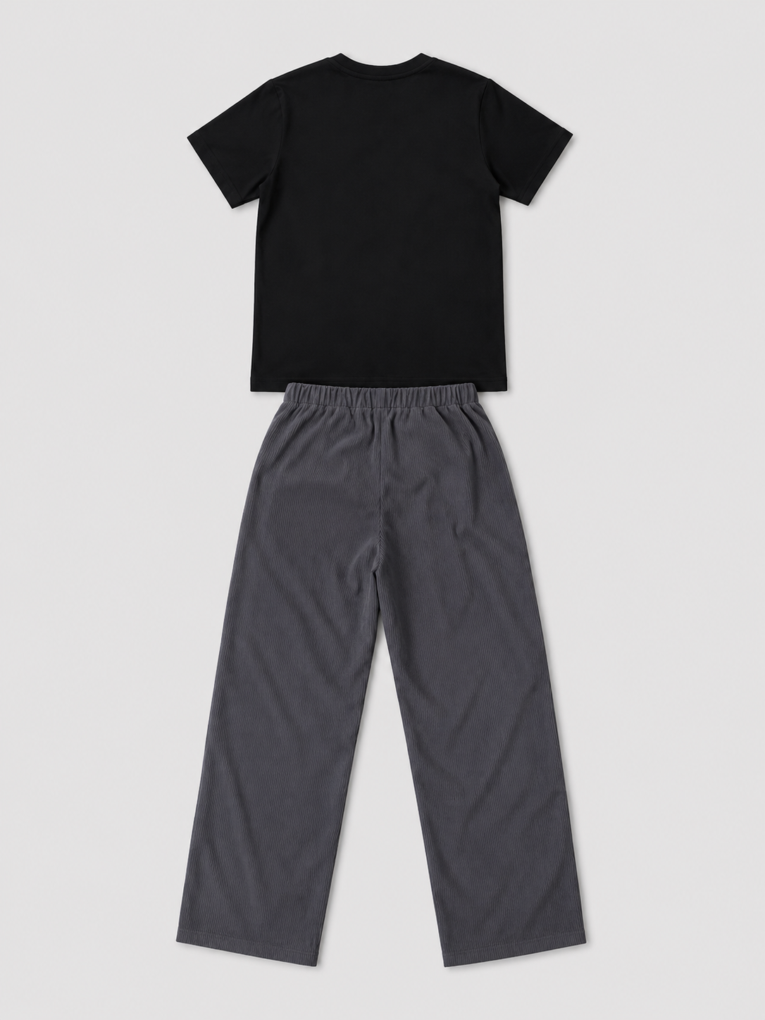 Shop the Black Tee & Charcoal Corduroy Wide-Leg Pants Set for kids. Featuring a classic black tee and relaxed charcoal textured pants with an elastic waistband for comfortable everyday wear.