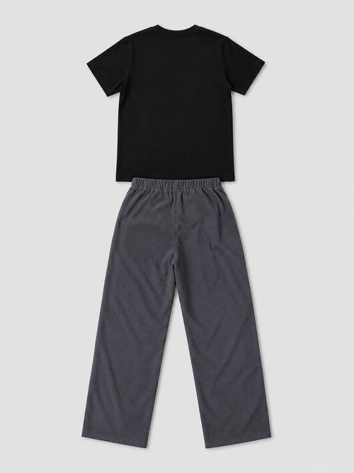 Shop the Black Tee & Charcoal Corduroy Wide-Leg Pants Set for kids. Featuring a classic black tee and relaxed charcoal textured pants with an elastic waistband for comfortable everyday wear.