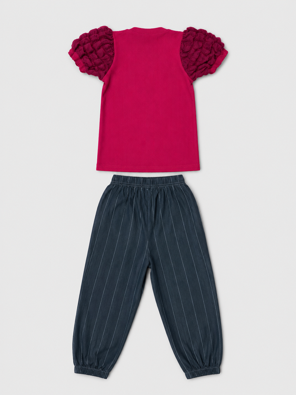 Shop the adorable Berry Pink Ruffle Sleeve Top & Pinstripe Jogger Set for girls. Featuring a textured ruffle-sleeve top and comfortable charcoal pinstripe jogger pants.