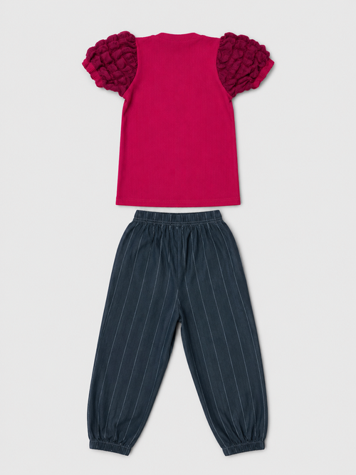 Shop the adorable Berry Pink Ruffle Sleeve Top & Pinstripe Jogger Set for girls. Featuring a textured ruffle-sleeve top and comfortable charcoal pinstripe jogger pants.