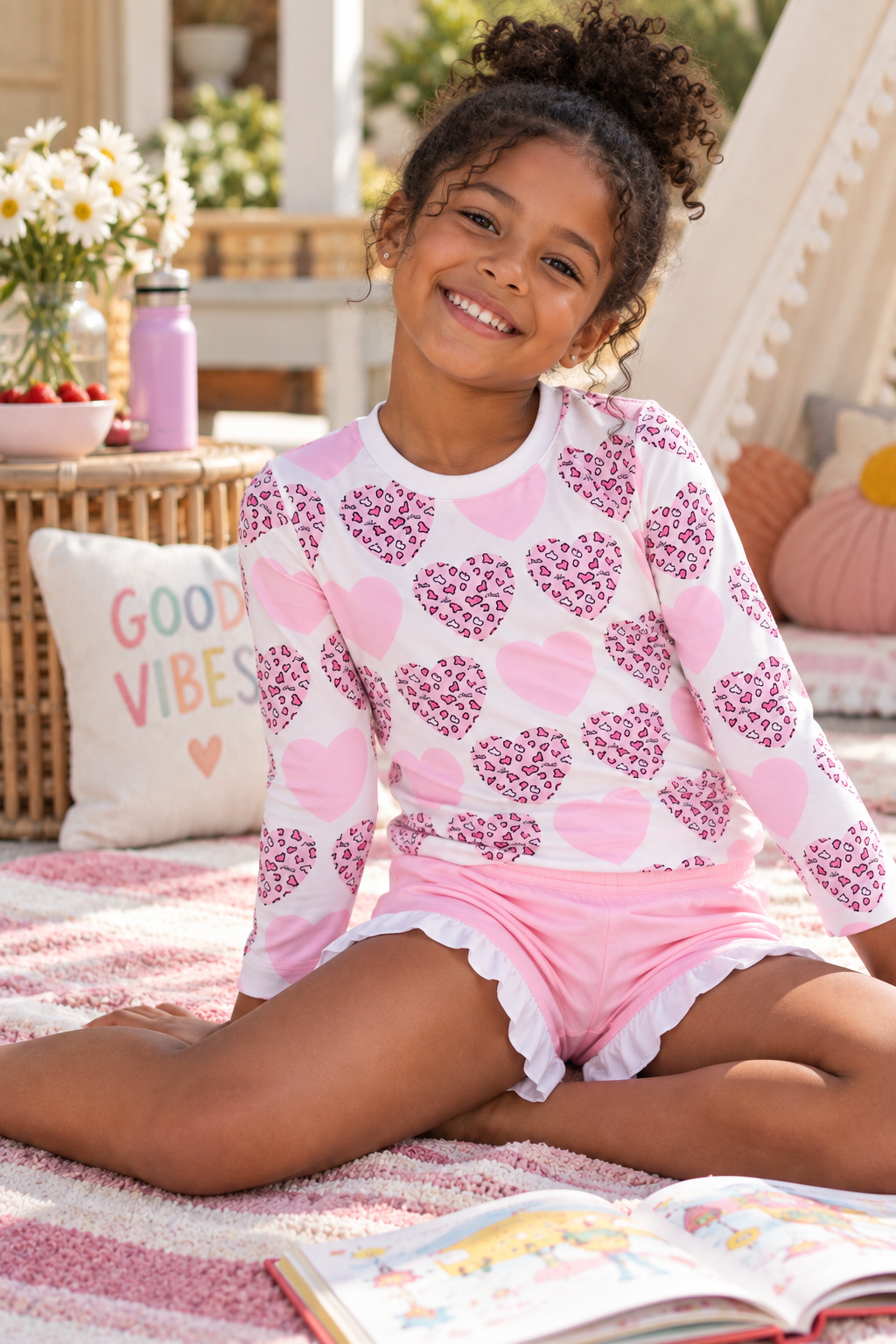 Pink Leopard Heart Top & Ruffle Shorts Set