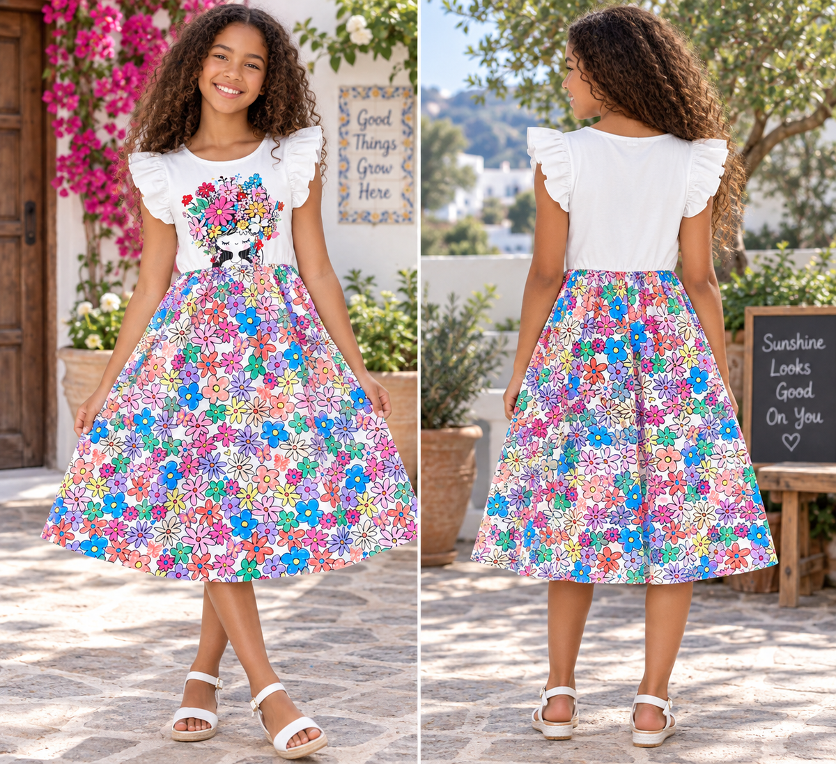 Colorful Floral Girl Graphic Ruffle Sleeve Dress