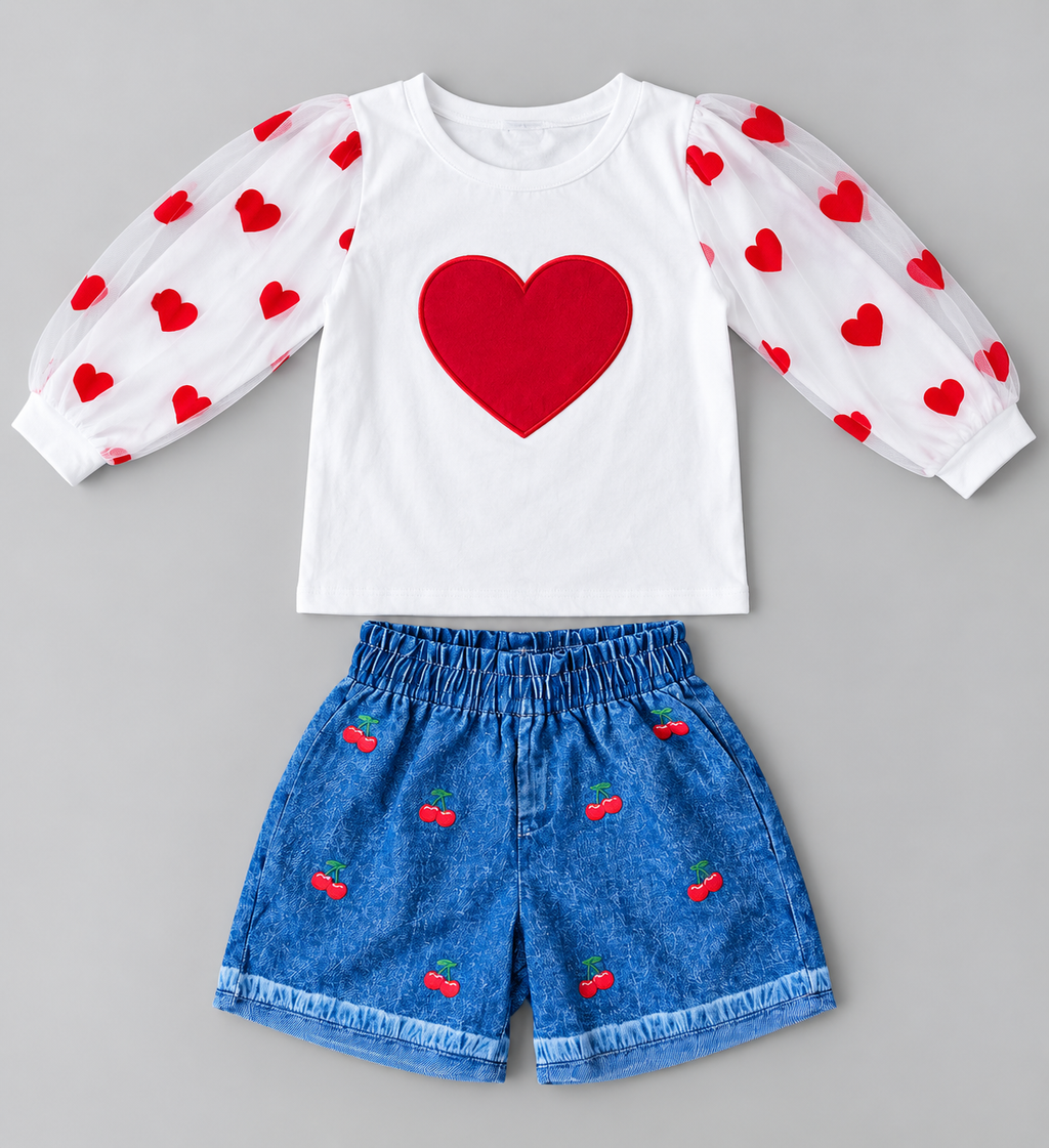 Girls white heart top with sheer red heart tulle sleeves and blue cherry print denim-look shorts set