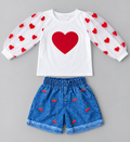 Girls white heart top with sheer red heart tulle sleeves and blue cherry print denim-look shorts set
