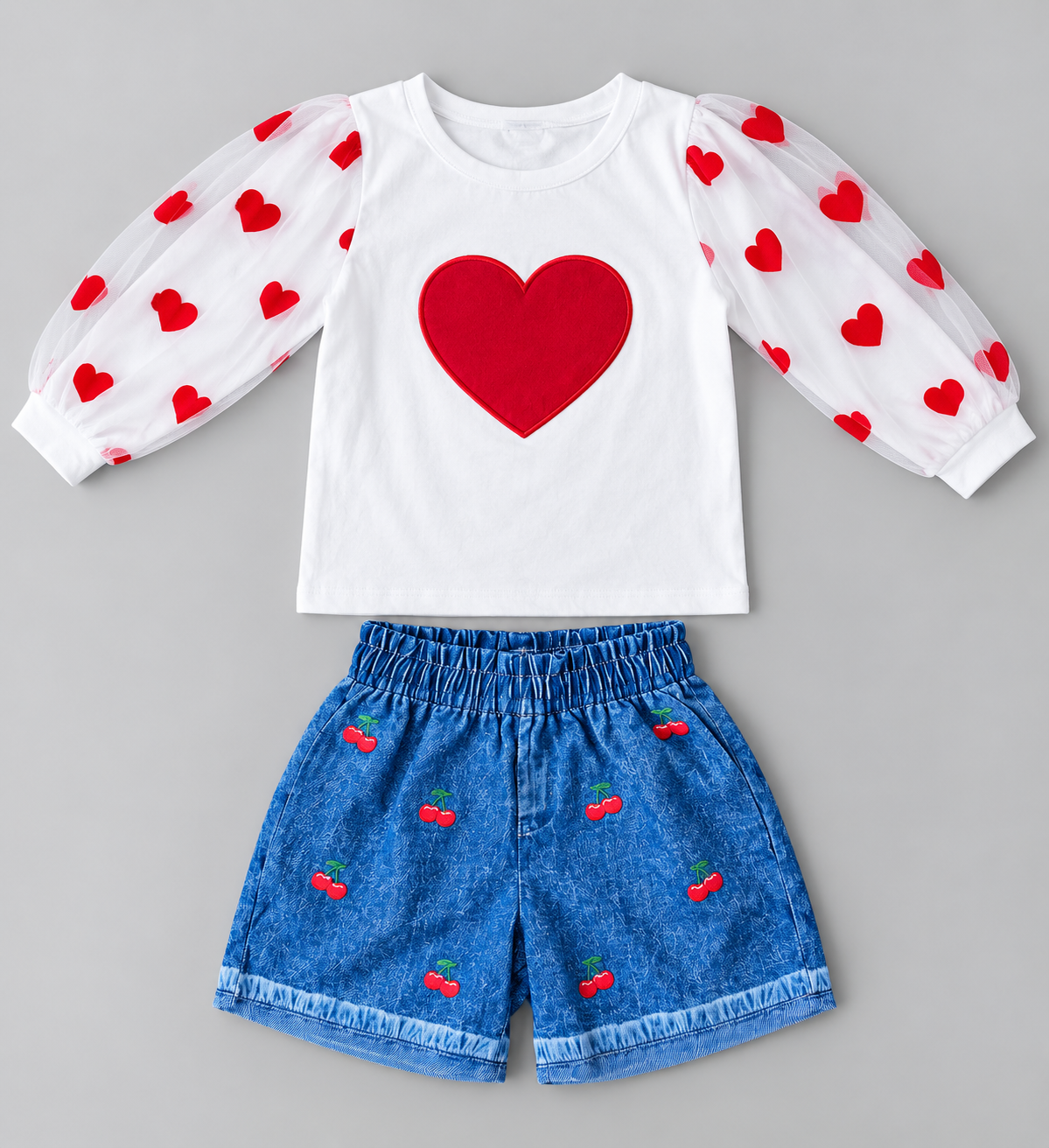 Girls white heart top with sheer red heart tulle sleeves and blue cherry print denim-look shorts set