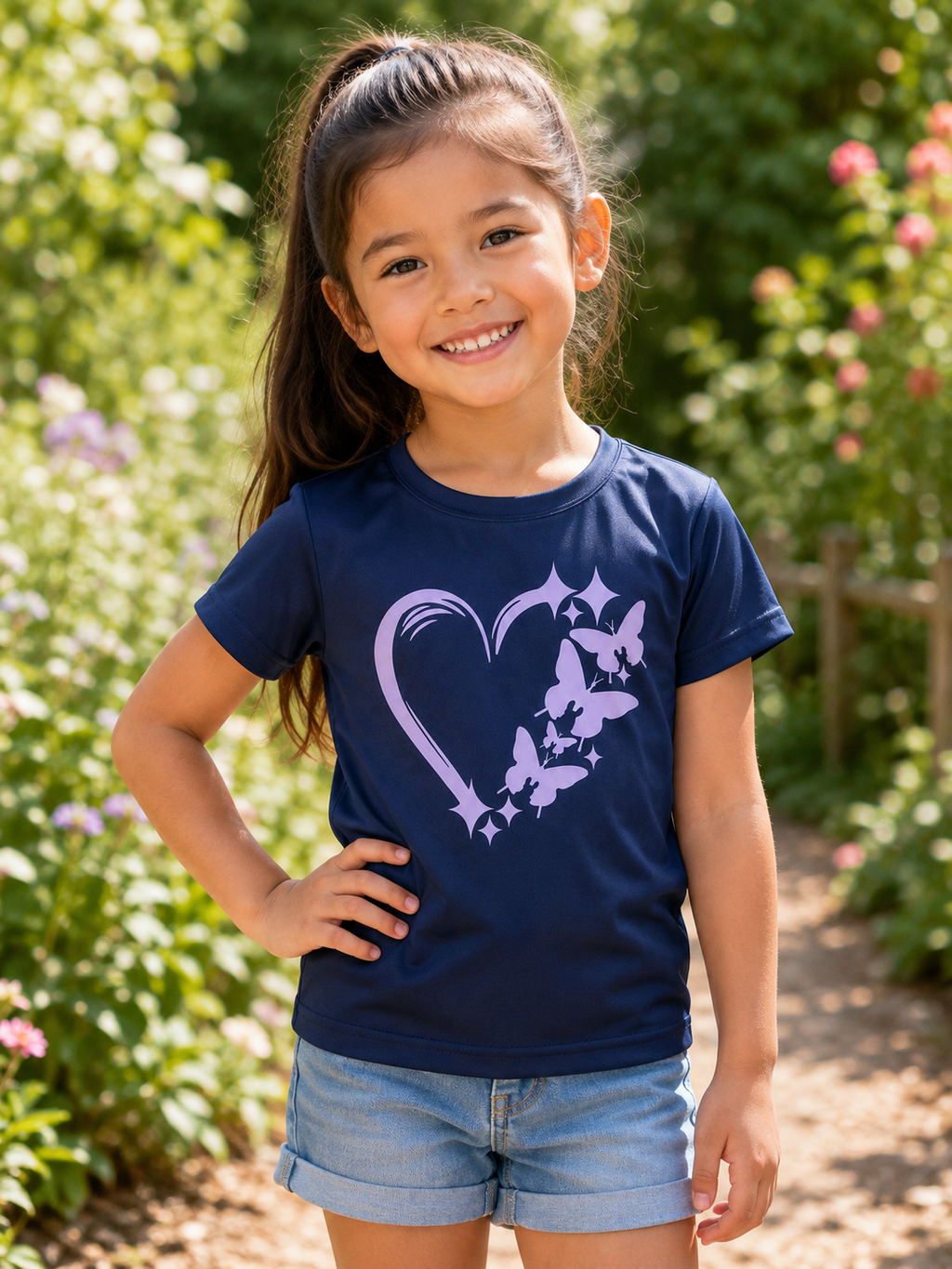 Girls’ Navy Blue Butterfly Heart Graphic T-Shirt