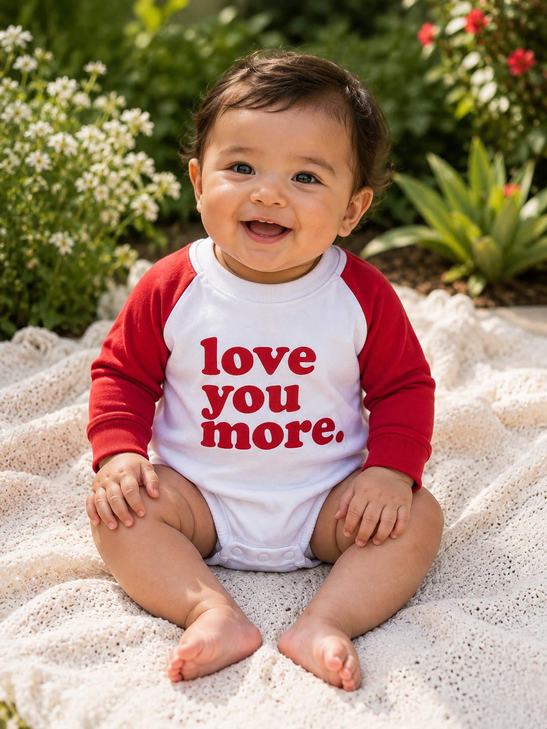 A smiling baby sitting outdoors on a cream knit blanket, wearing a white and red raglan long-sleeve bodysuit with the phrase 'love you more.' printed in red across the front.