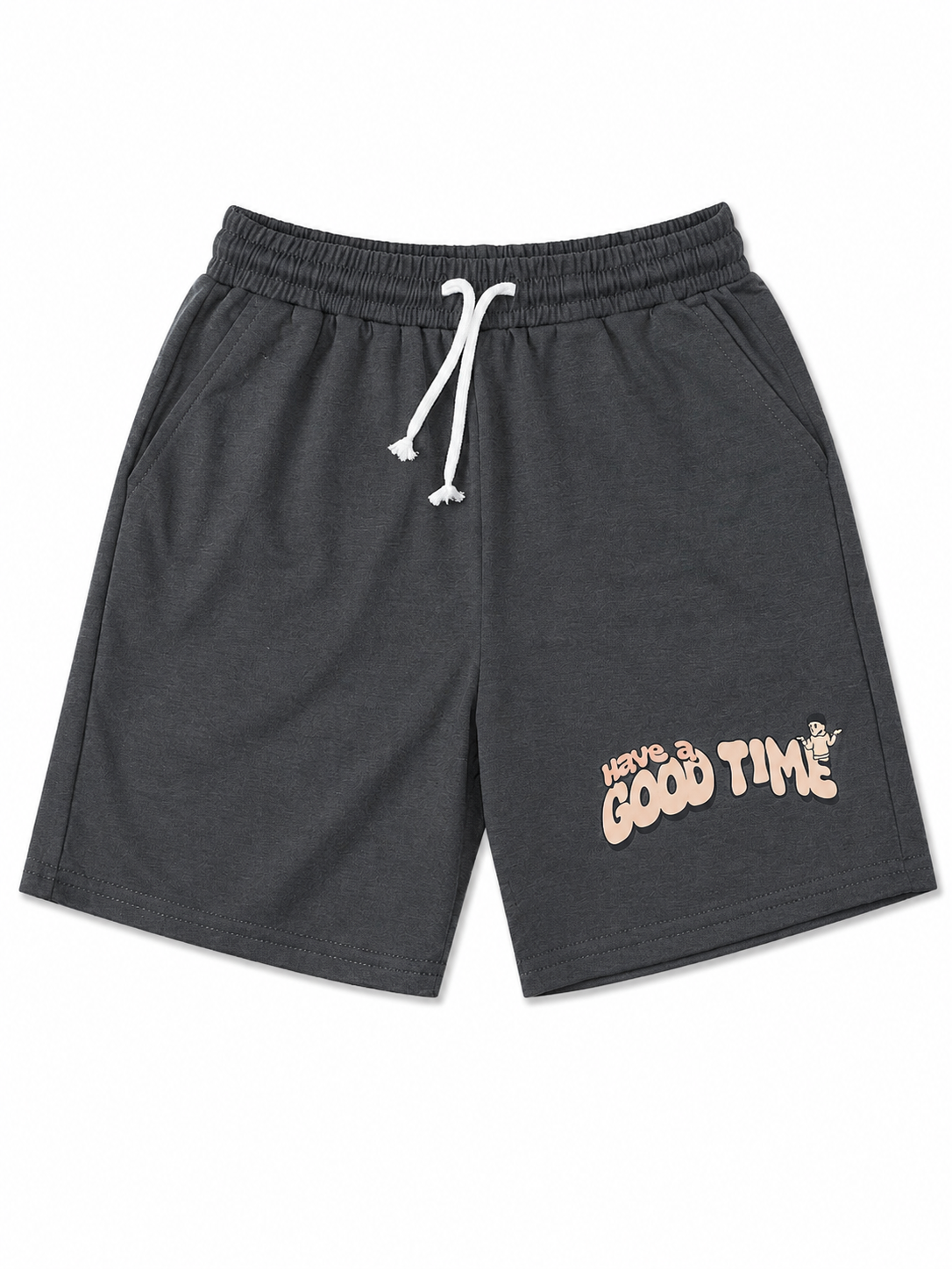 Shop these Charcoal Gray “Have a Good Time” Pull-On Shorts featuring an elastic waistband, adjustable drawstring, side pockets, and playful graphic detail.