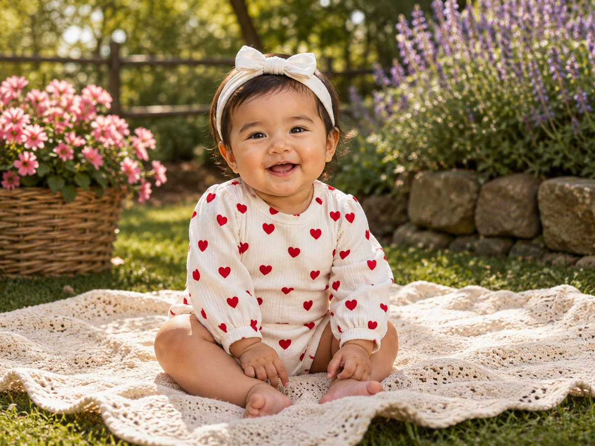 Baby Girls White & Red Heart Ribbed Bodysuit | Long Puff Sleeve One-Piece