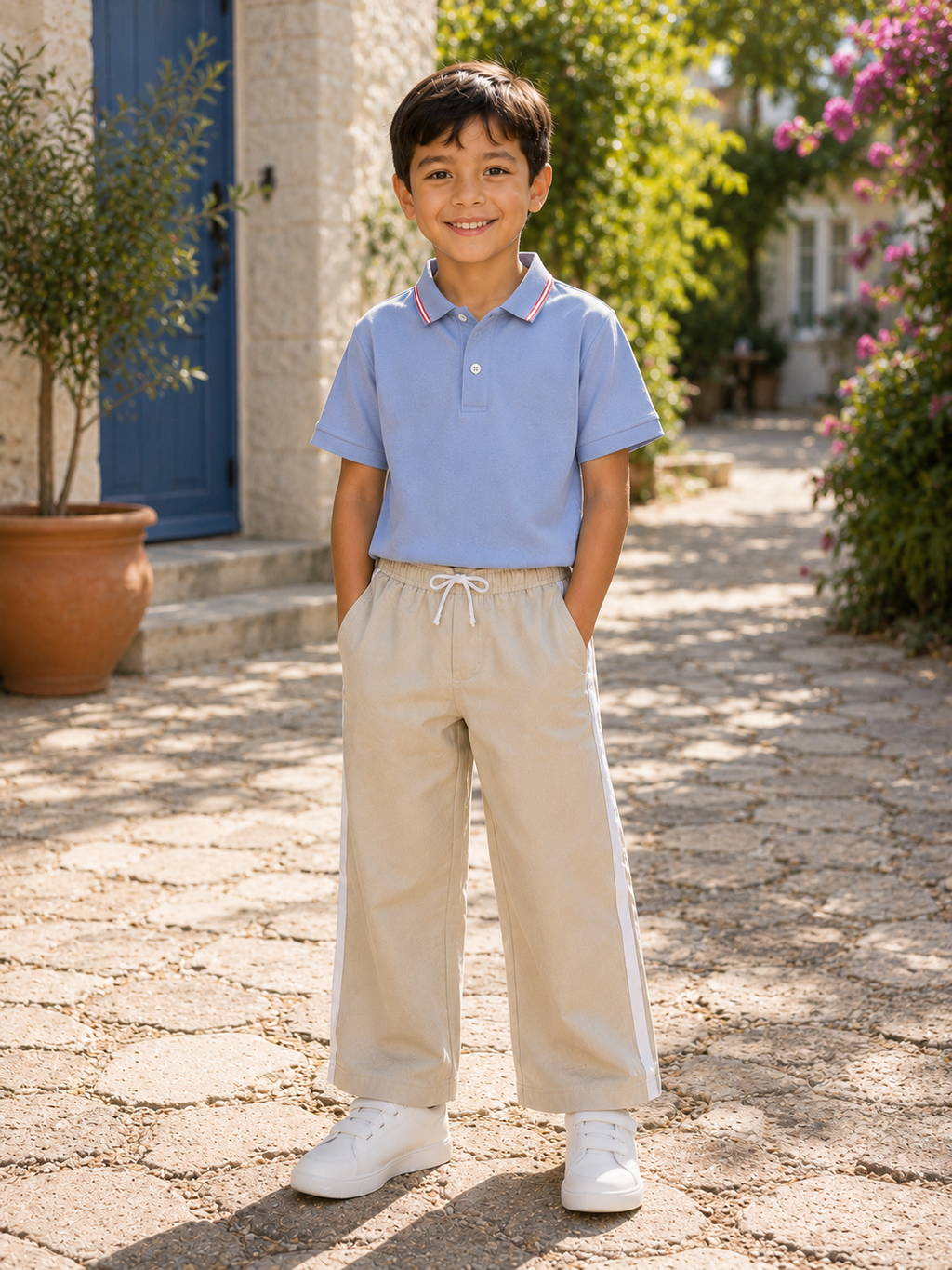 Light Blue Boys’ Polo Shirt with Red & White Striped Collar