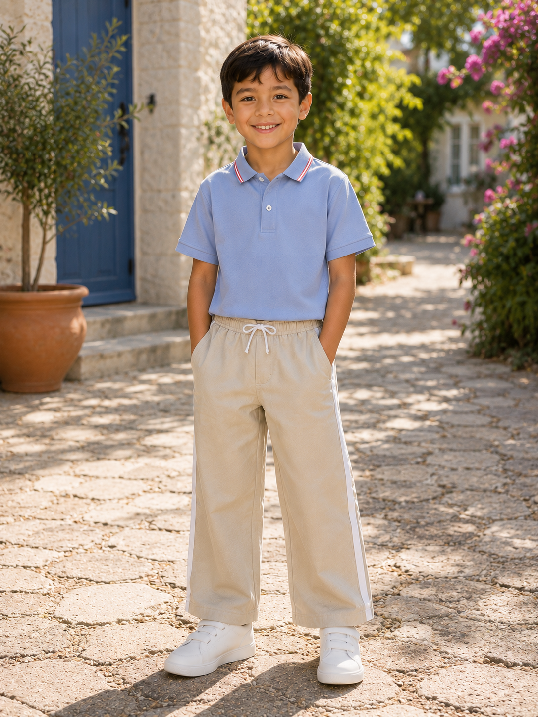 Light Blue Boys’ Polo Shirt with Red & White Striped Collar