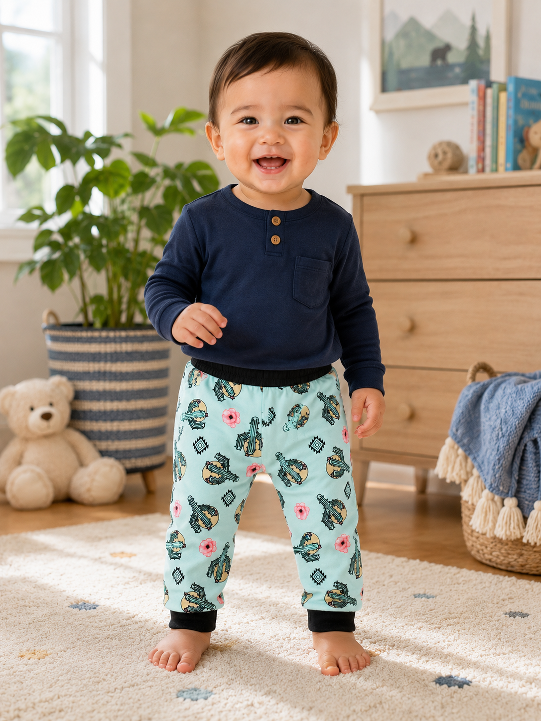 Light Blue Cactus & Floral Print Cuffed Pajama Pants