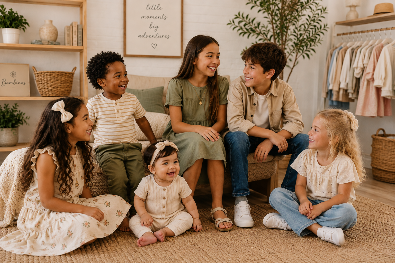 A diverse group of children sharing a happy moment in a warm boutique setting
